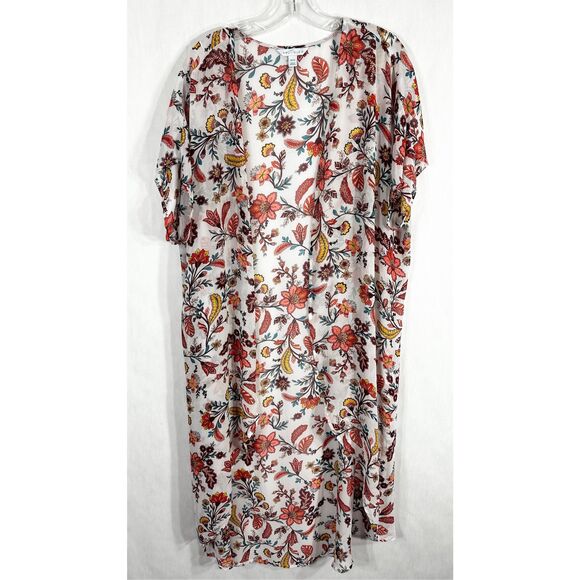 Boutique Plus Size 1X Kimono Floral White Peach Open Front Long Chiffon 857 - Picture 3 of 10